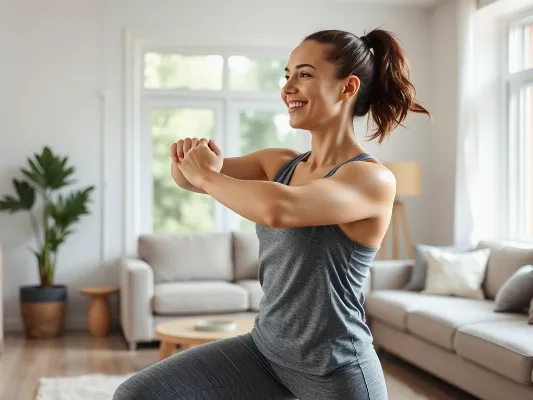 Person doing a home workout with Fairfax Fitness guidance